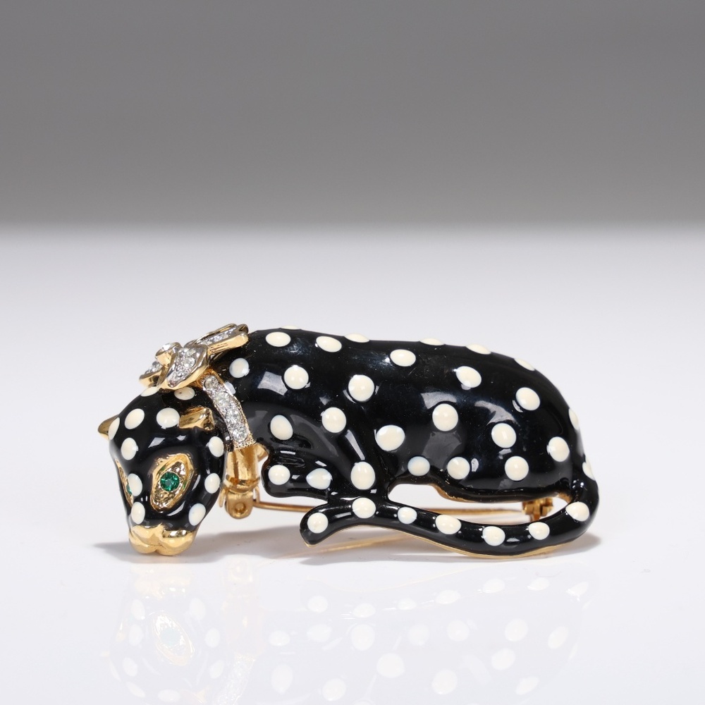 Vintage Kenneth Jay Lane Enamel Black Jaguar Crystal Pin Brooch - Picture 5 of 5